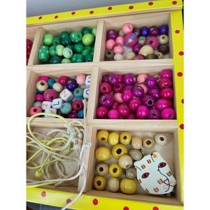 Wooden Beads Kit vintage 1990s wooden jungle theme jewelry making Sectioned Box